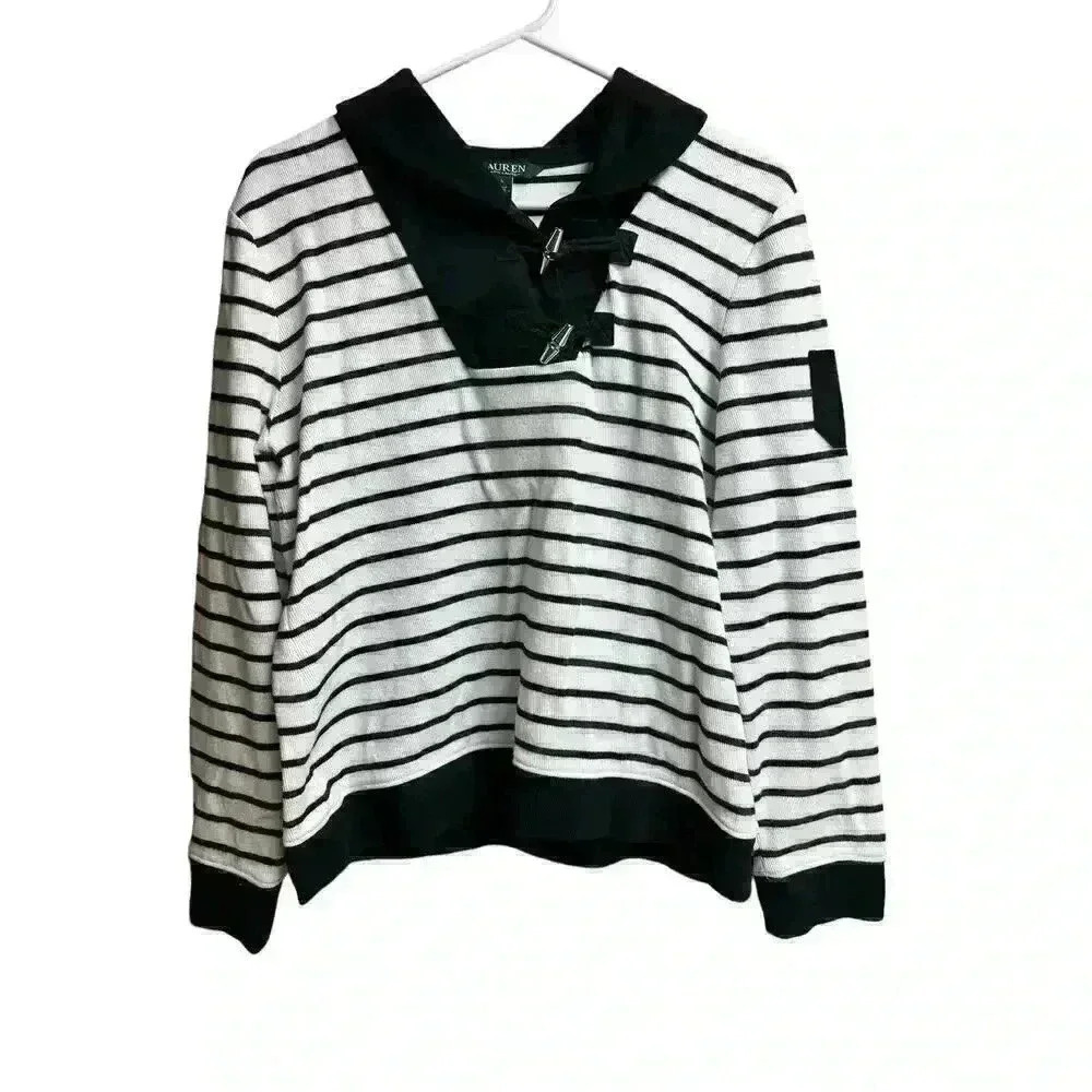 Lauren Ralph Lauren Knit Top Black White Stripes Shawl Collar Toggle Buttons